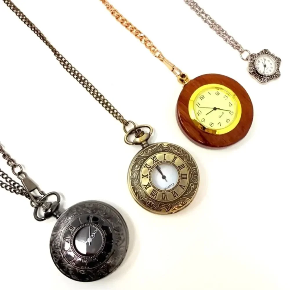 Lot 4 Pocket Watch Locket Pendant Necklaces Silver Gold Tone Wood Repousse
